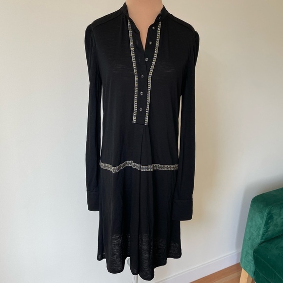 Chloe Dresses & Skirts - Chloe 100% Wool Black Long Sleeve Light Weight Embroidered Half Button Dress S
